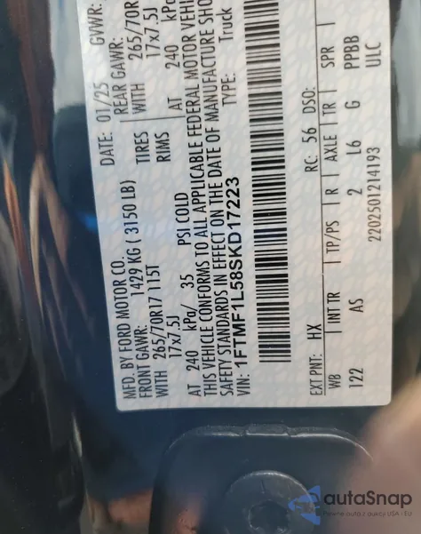 2025 Ford F150 Xl из США, поврежденный, VIN 1FTMF1L58SKD17223